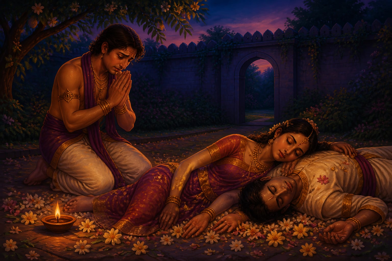 Manivarman grieving beside them in the garden