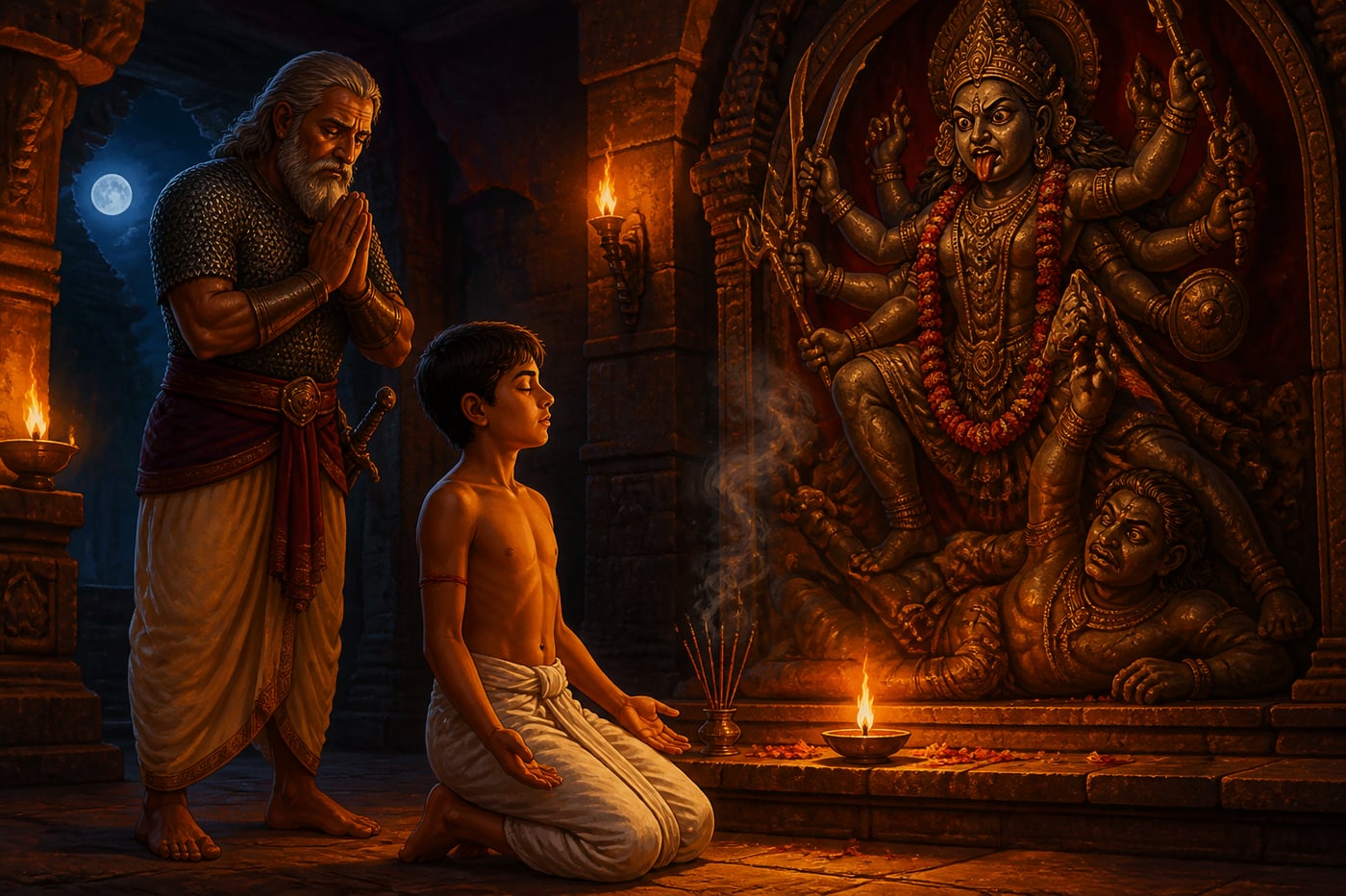 Viravara's son kneels before the goddess Chandi