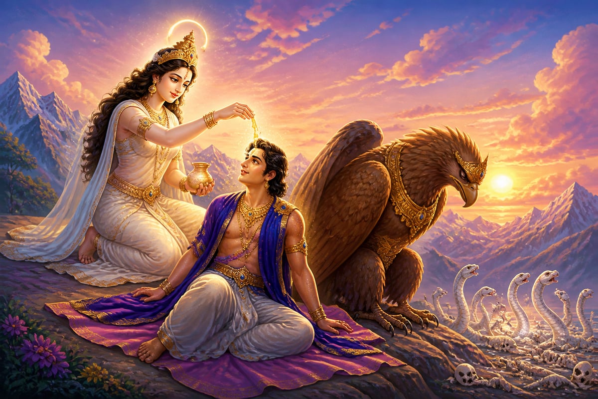 Goddess Gauri revives Jimutavahana on the peak
