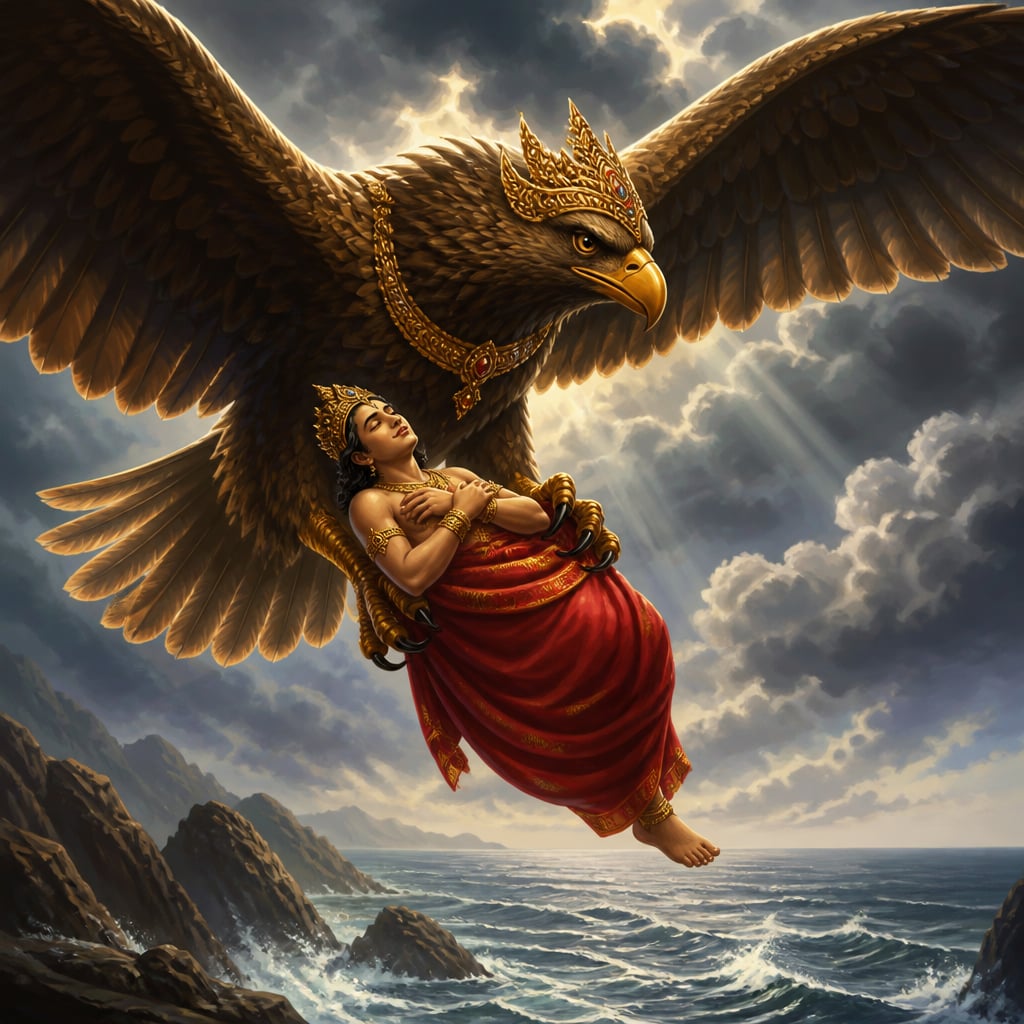 Jimutavahana lies calm beneath Garuda's grip