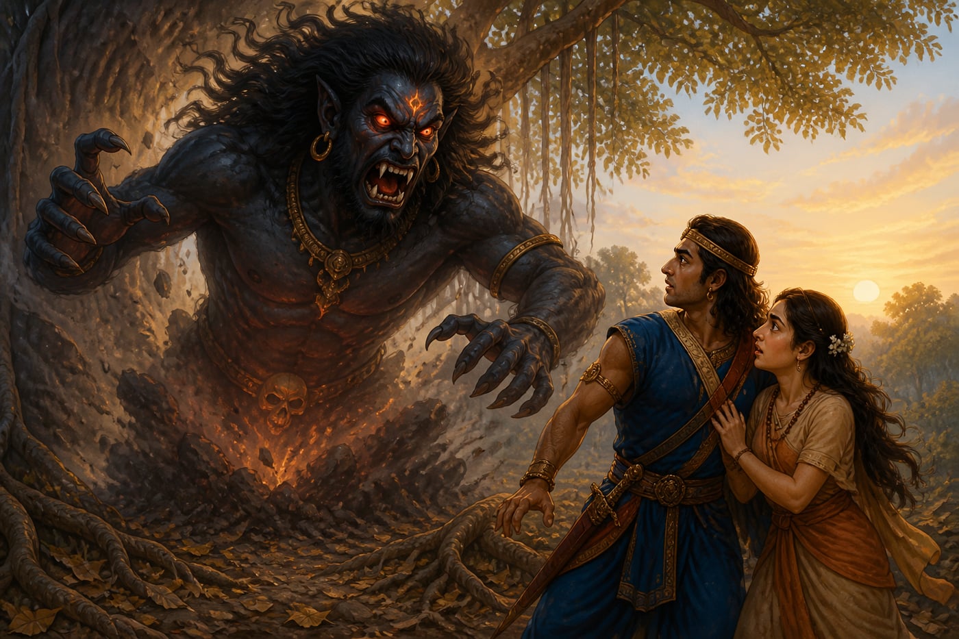 The demon Jvalamukha rises before the king