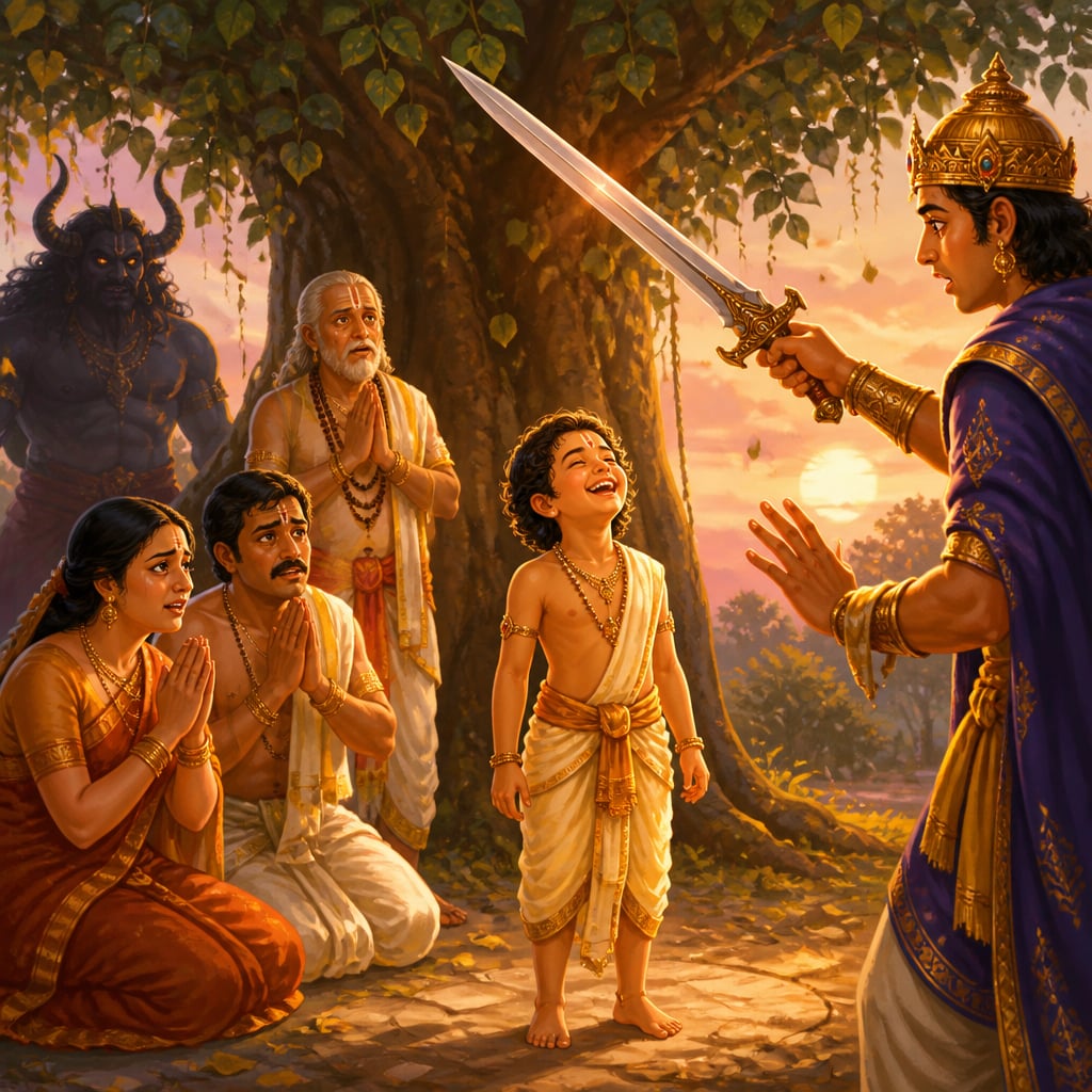 The brahman boy laughs before the raised sword