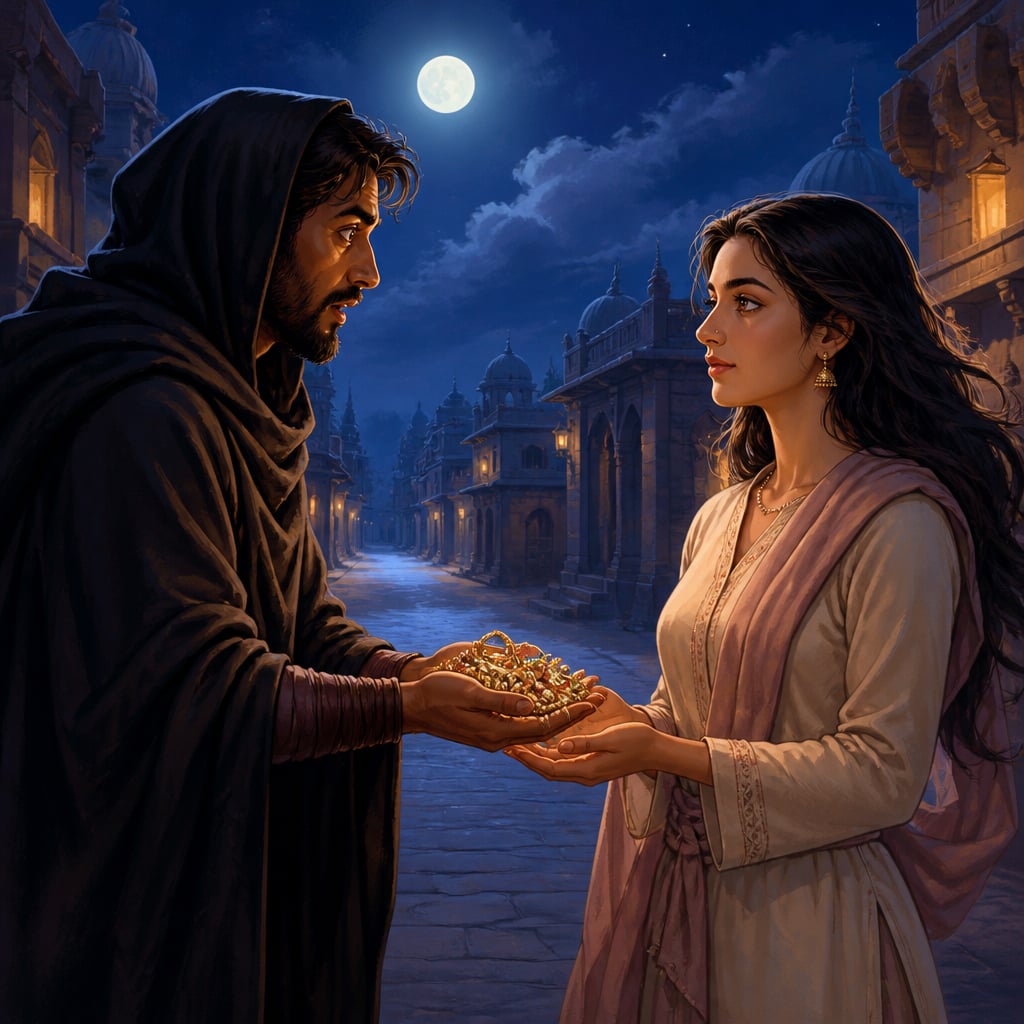 The thief returns Madanasena's jewels on the road
