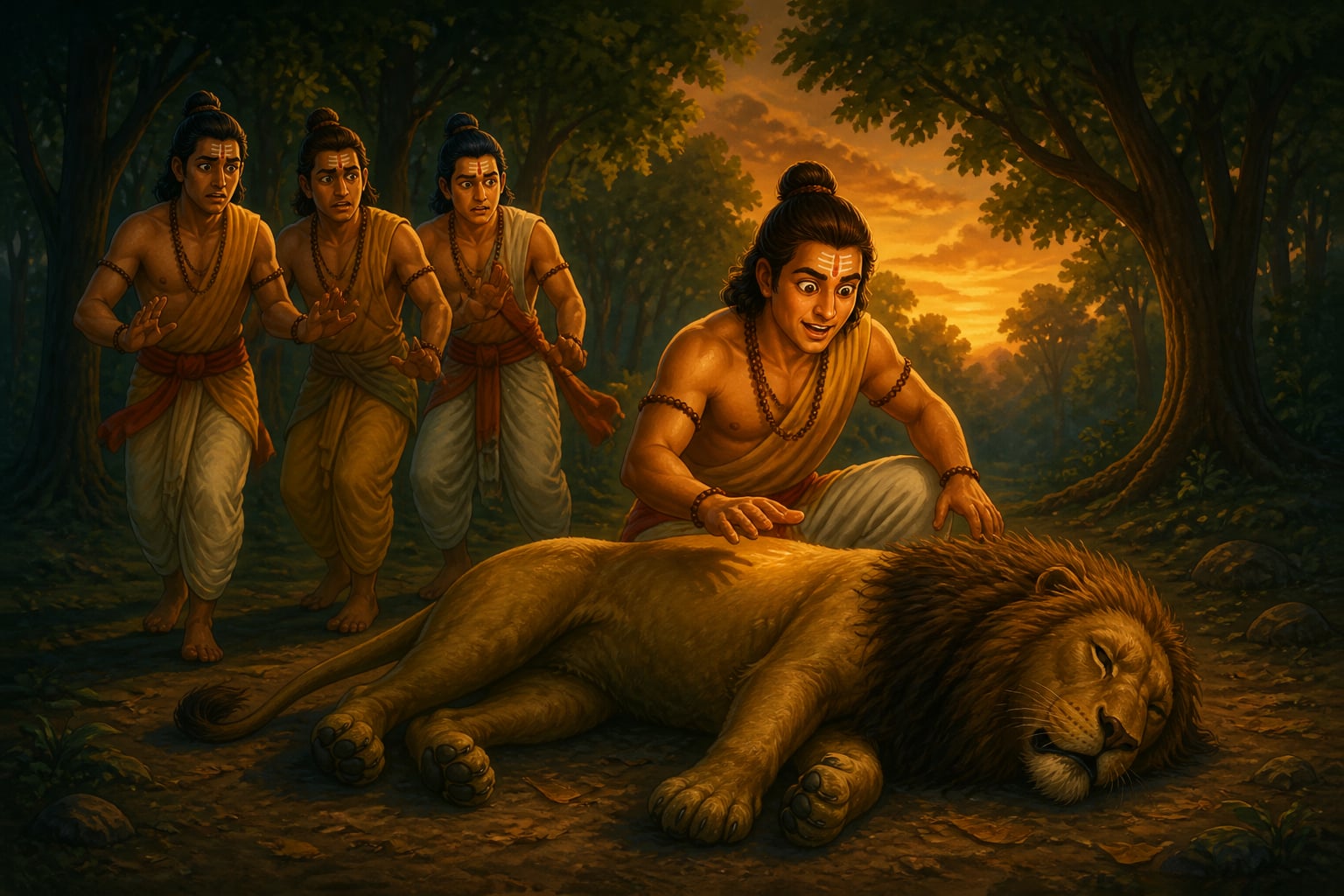 The fourth brother's hand hovers over the lion