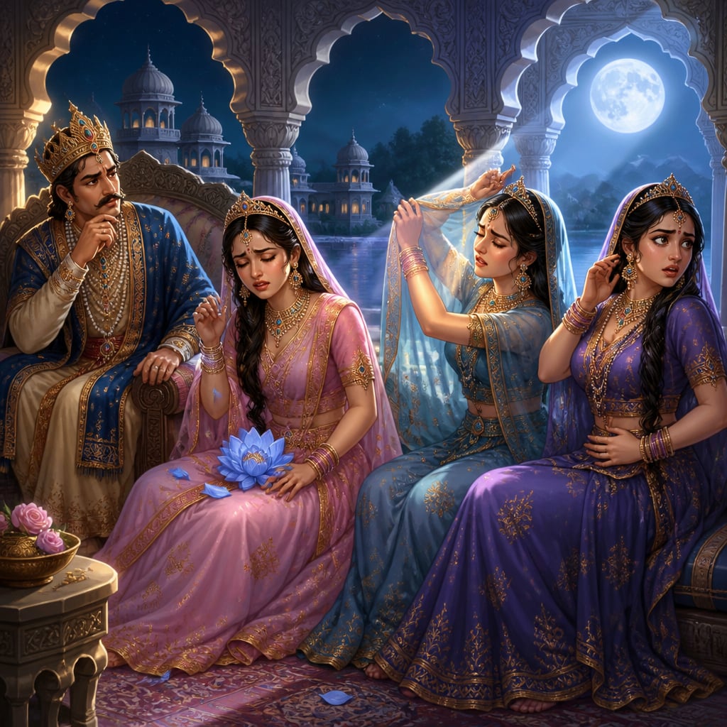 Three queens wounded by lotus, moonlight, and sound