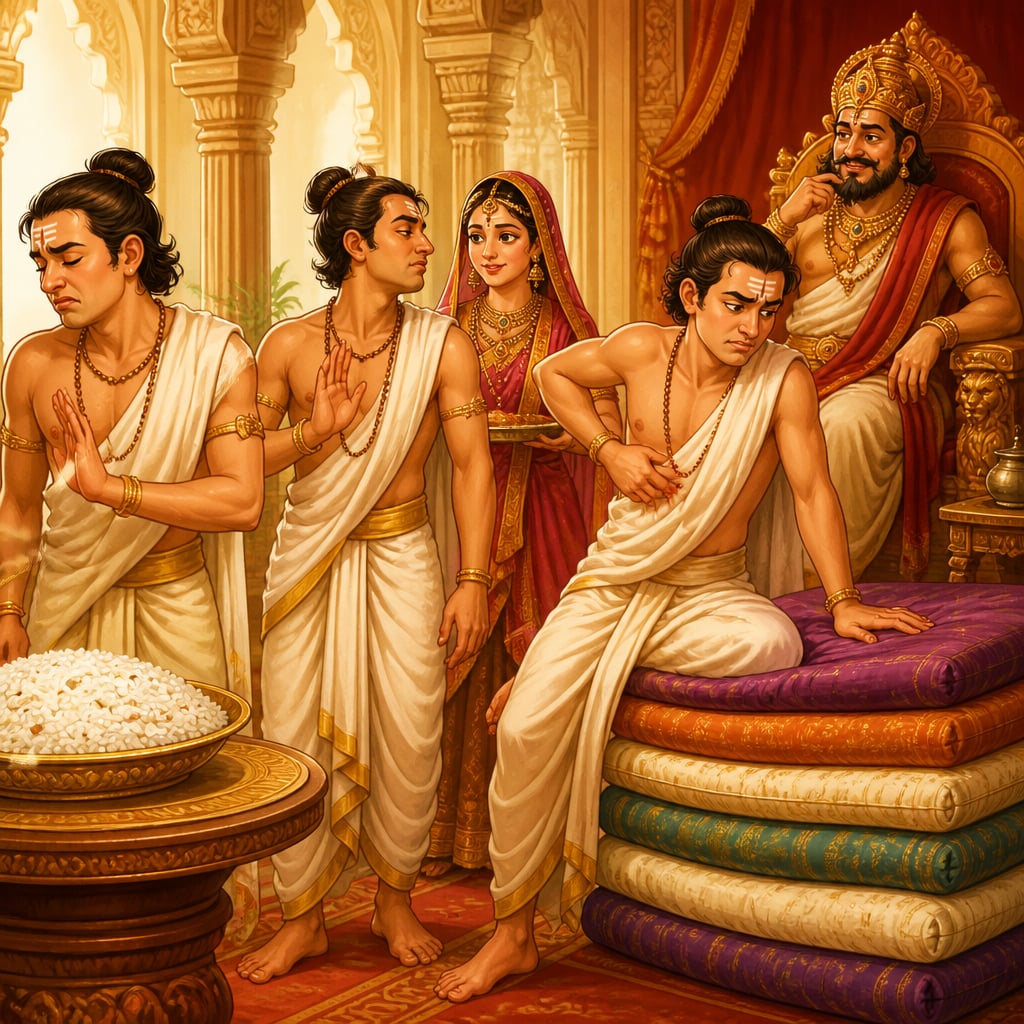 Three brothers tested by rice, a lady, and beds