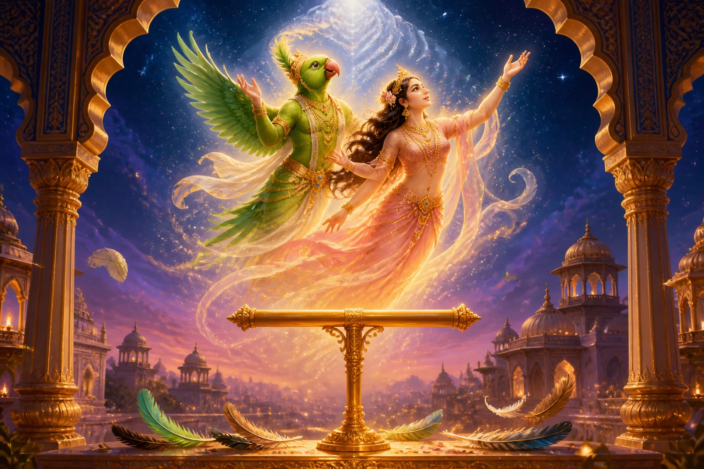 The parrot and mynah rise as freed celestials