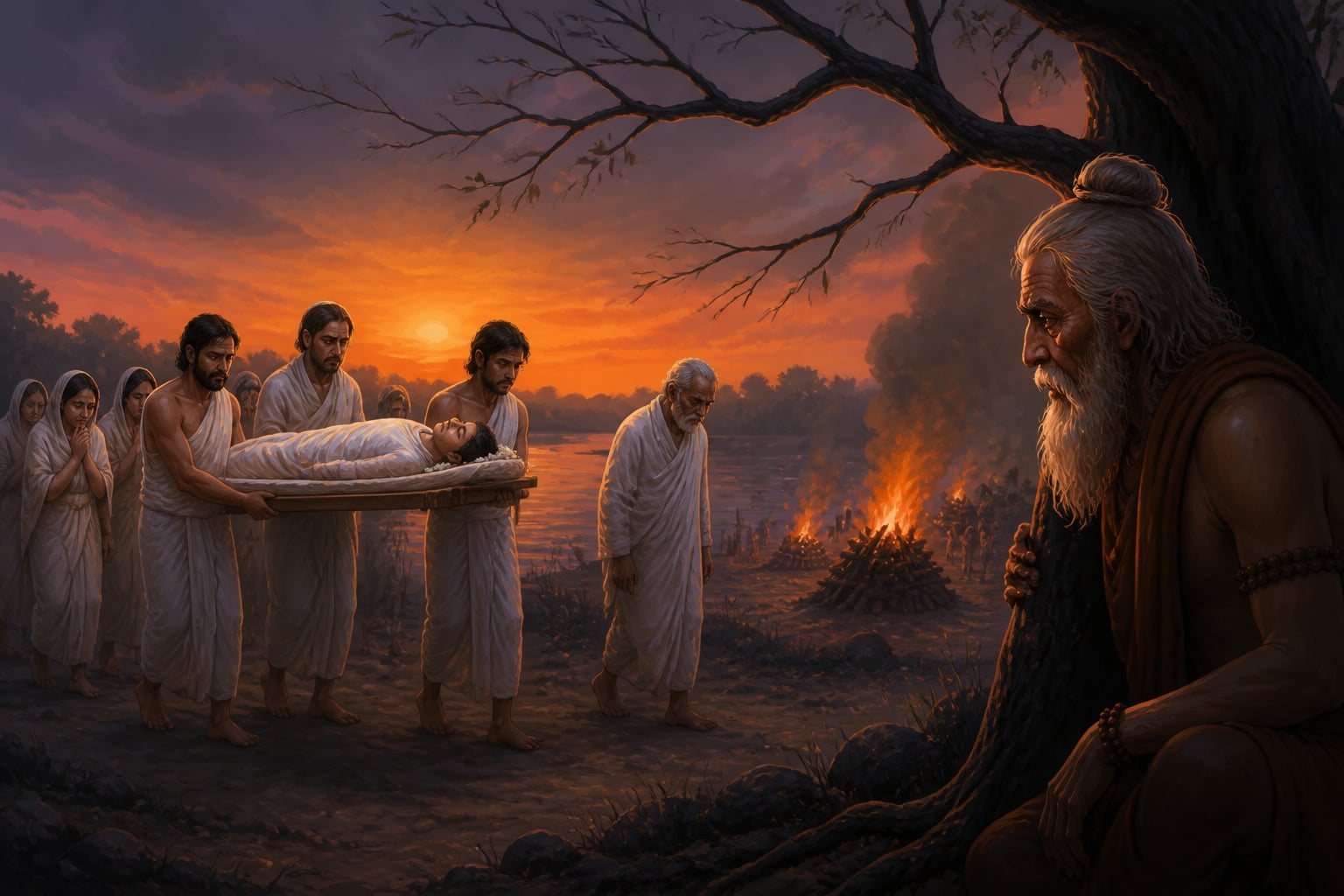 Devasoma's family carries him to the cremation ground