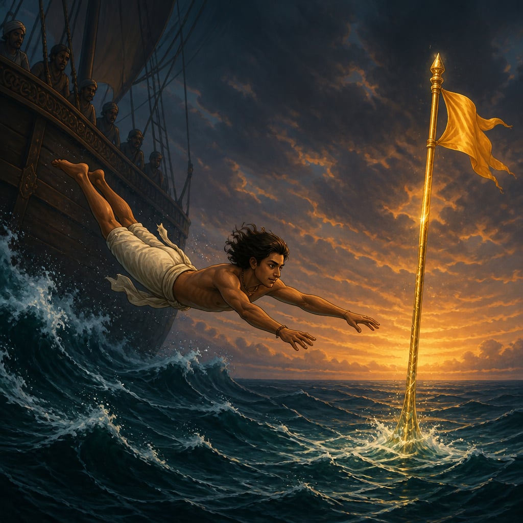Sattvasila diving into the sea toward the golden flagstaff