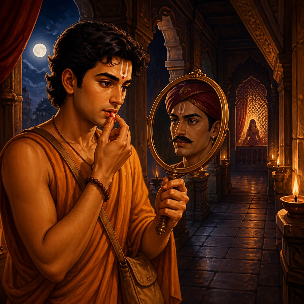 Manahsvamin transforming his face with the magician's pill