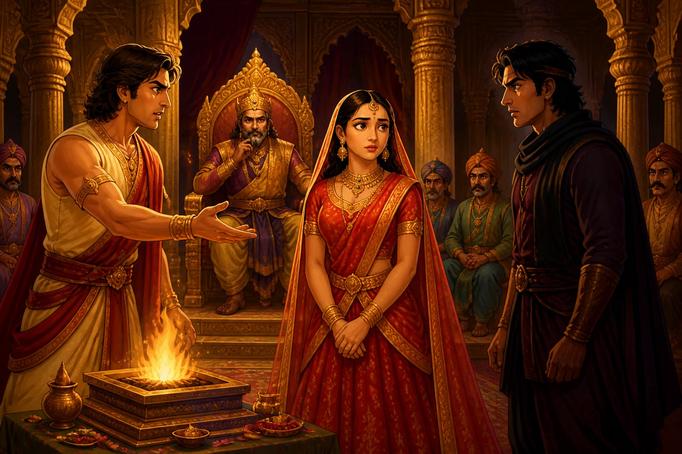 Two claimants disputing before the king over the princess