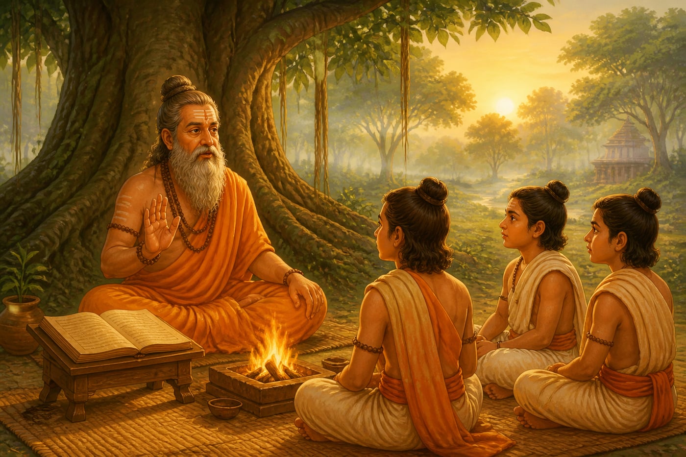 Vedic rishi teaching the Arthashastra under a banyan
