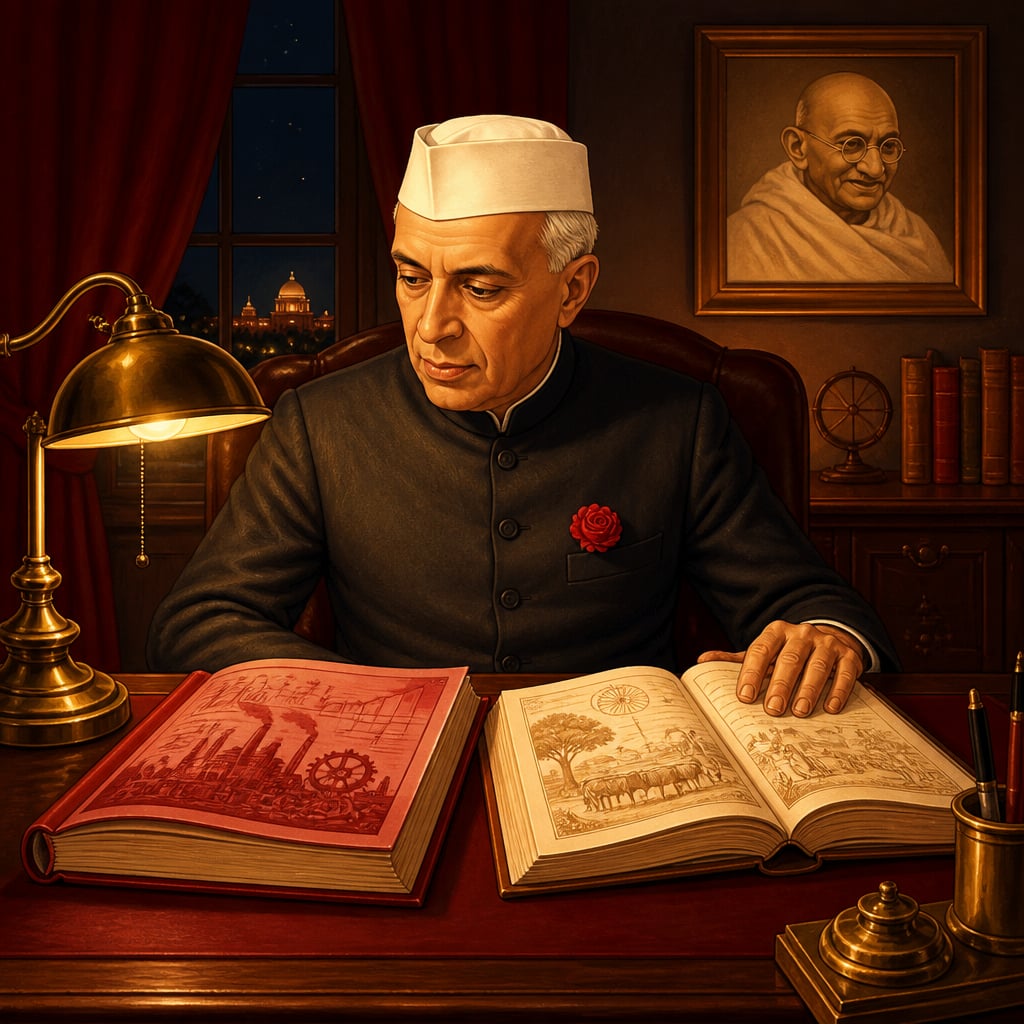 Nehru choosing between Soviet and dharmic economic models