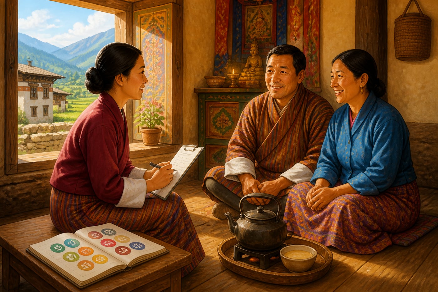 Bhutanese surveyor measuring household happiness in a village