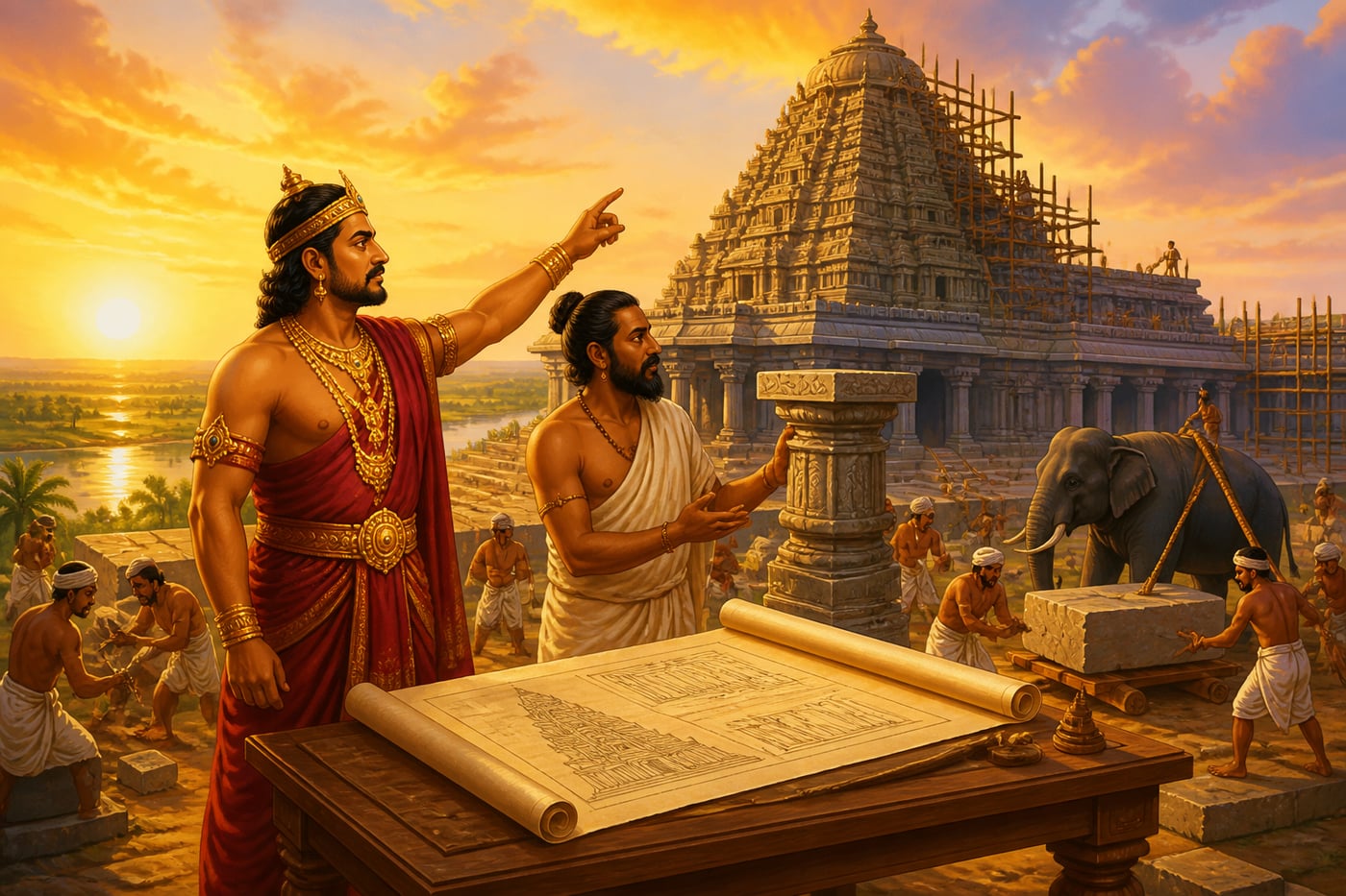 Rajaraja Chola overseeing the Brihadeeswarar temple construction