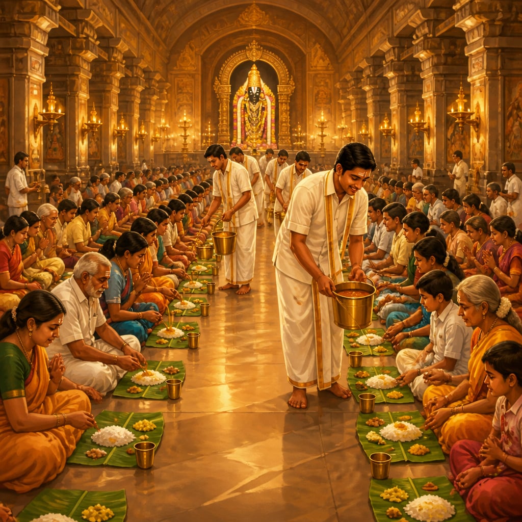 Pilgrims receiving the daily annadana meal at Tirupati
