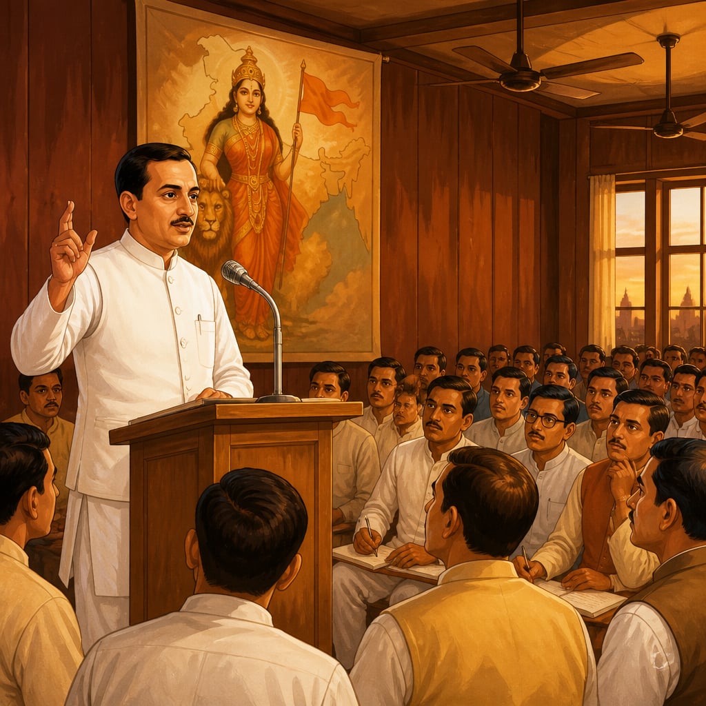 Deendayal Upadhyaya delivering his Bombay Integral Humanism lectures