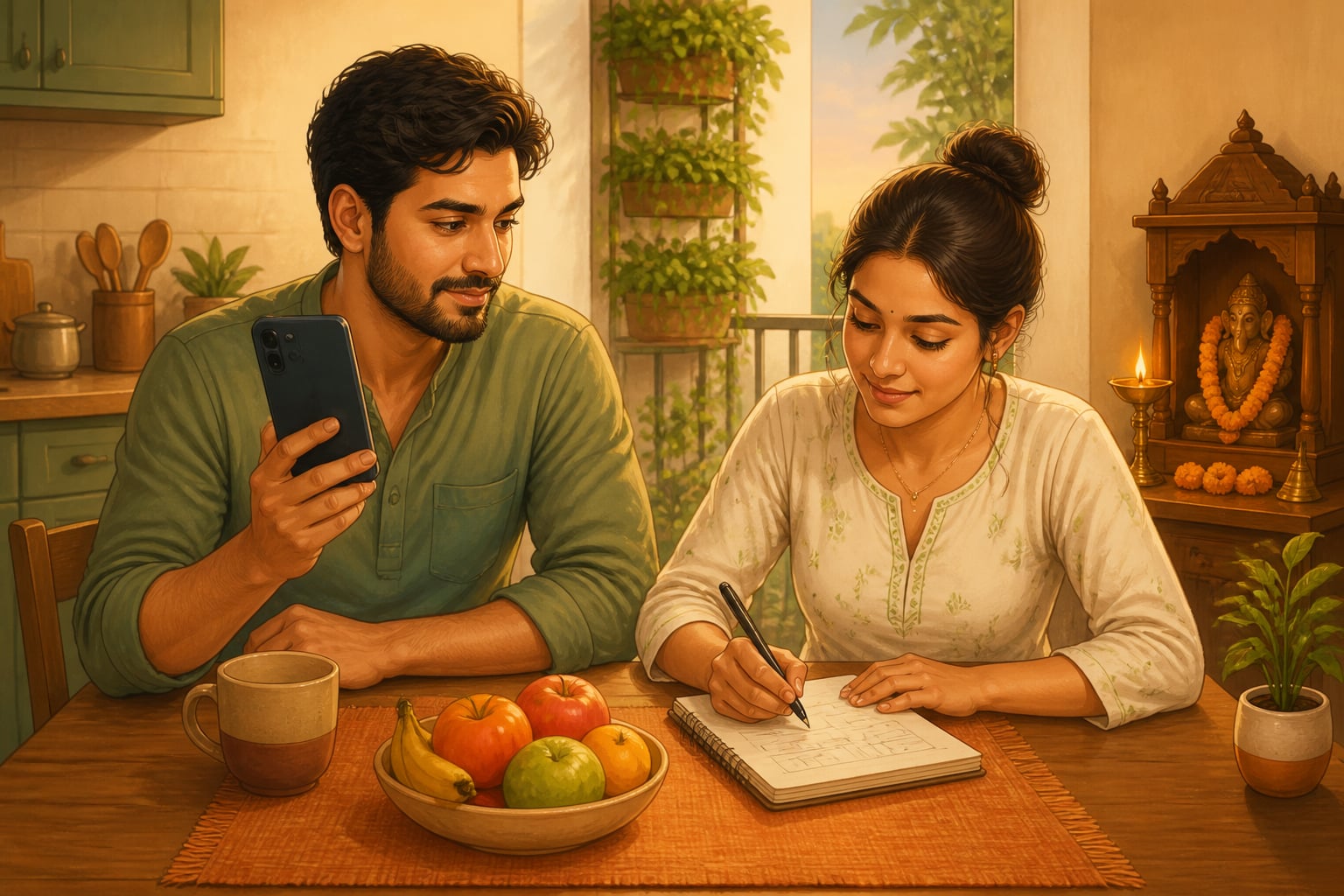 Young couple practising mindful consumption at home