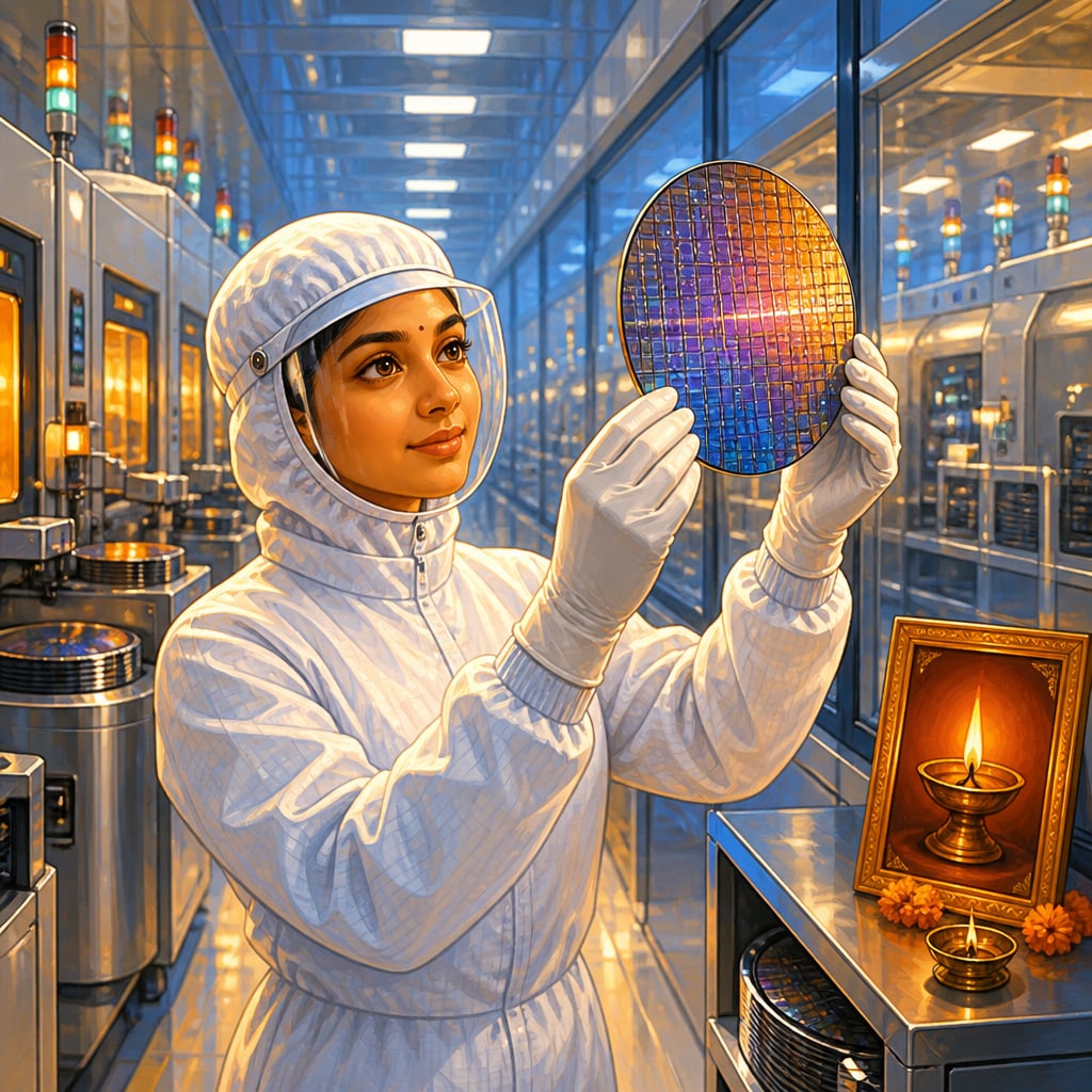 Indian engineer holding a wafer in a semiconductor fab