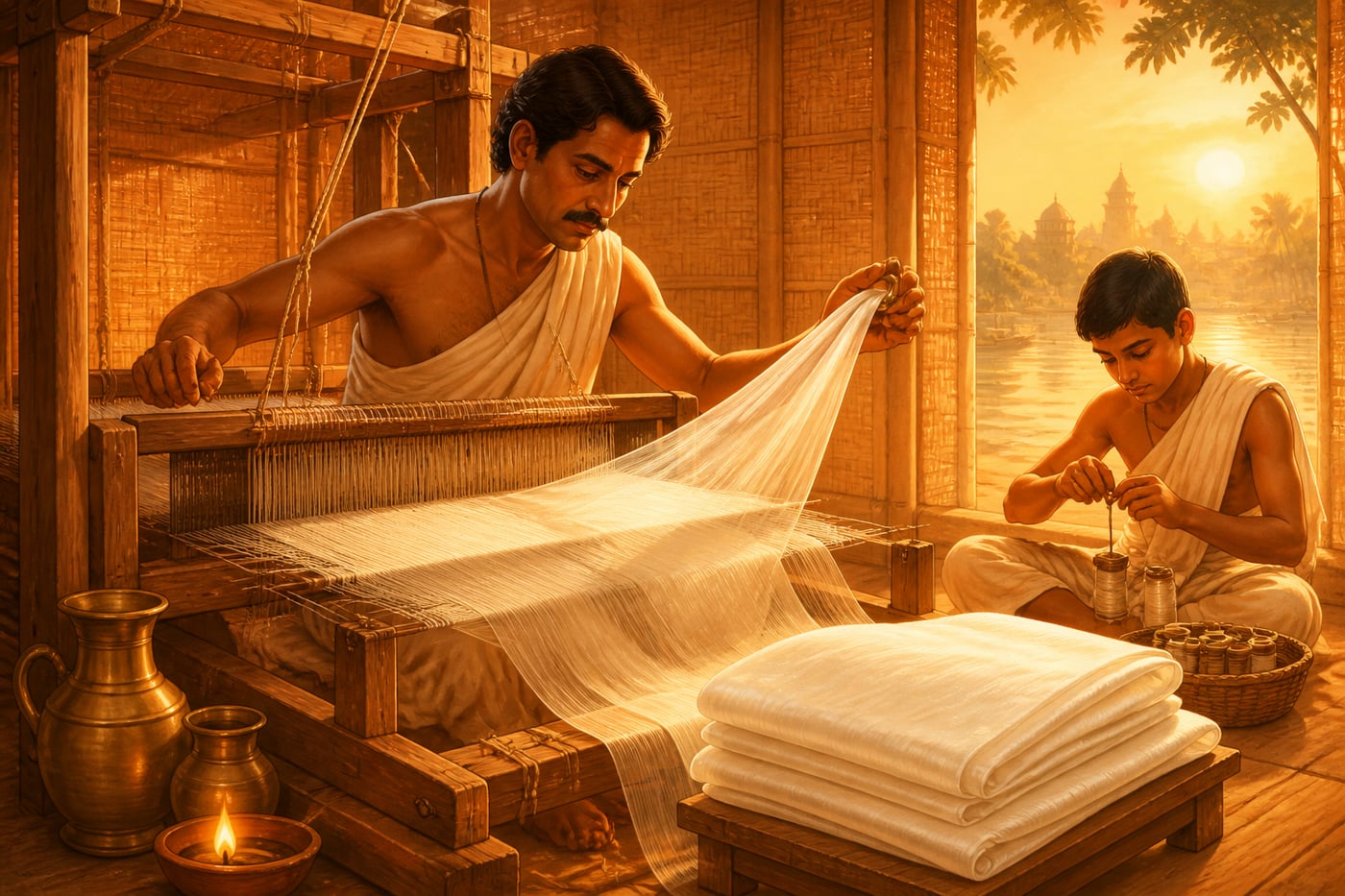 A Dacca weaver at his pit-loom weaving legendary muslin at dawn