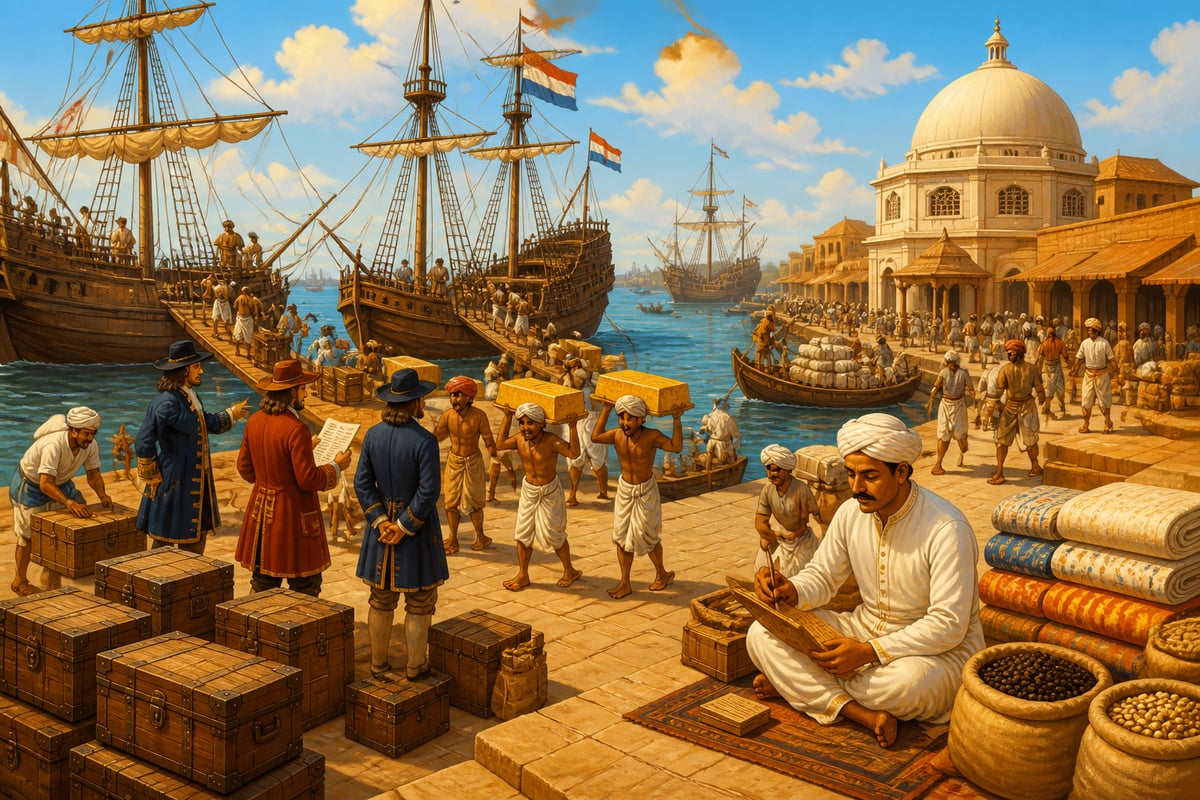 Surat port with foreign silver and gold unloaded onto Indian docks