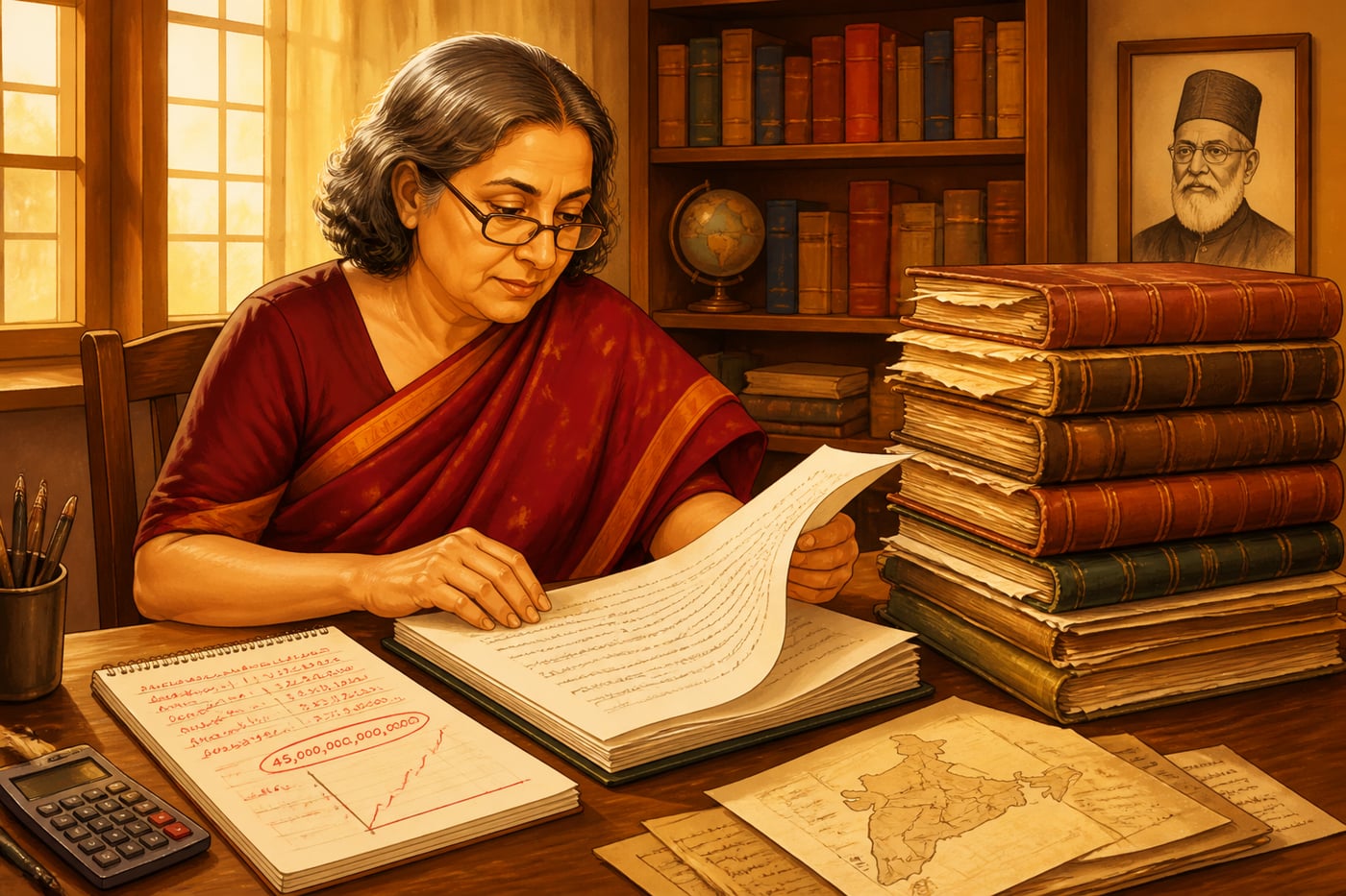 Economist Utsa Patnaik at her JNU desk recalculating the colonial drain
