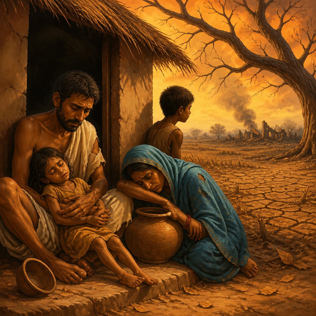 A starving Bengali family at the doorway of their hut, 1770 famine