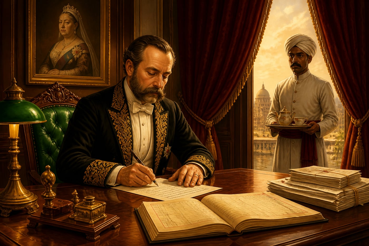 Viceroy Lord Lytton signing famine policy at his Calcutta desk