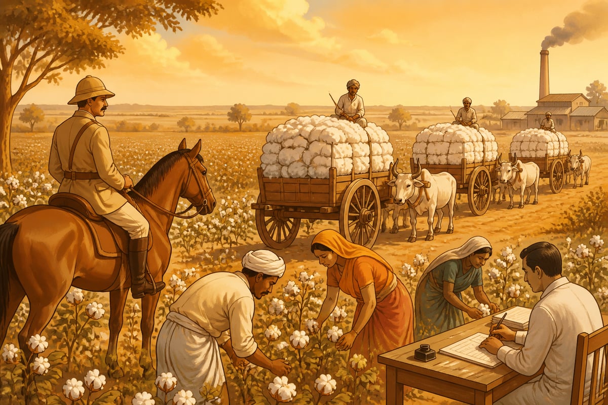 A colonial-era Indian cotton field exporting raw cotton to Britain