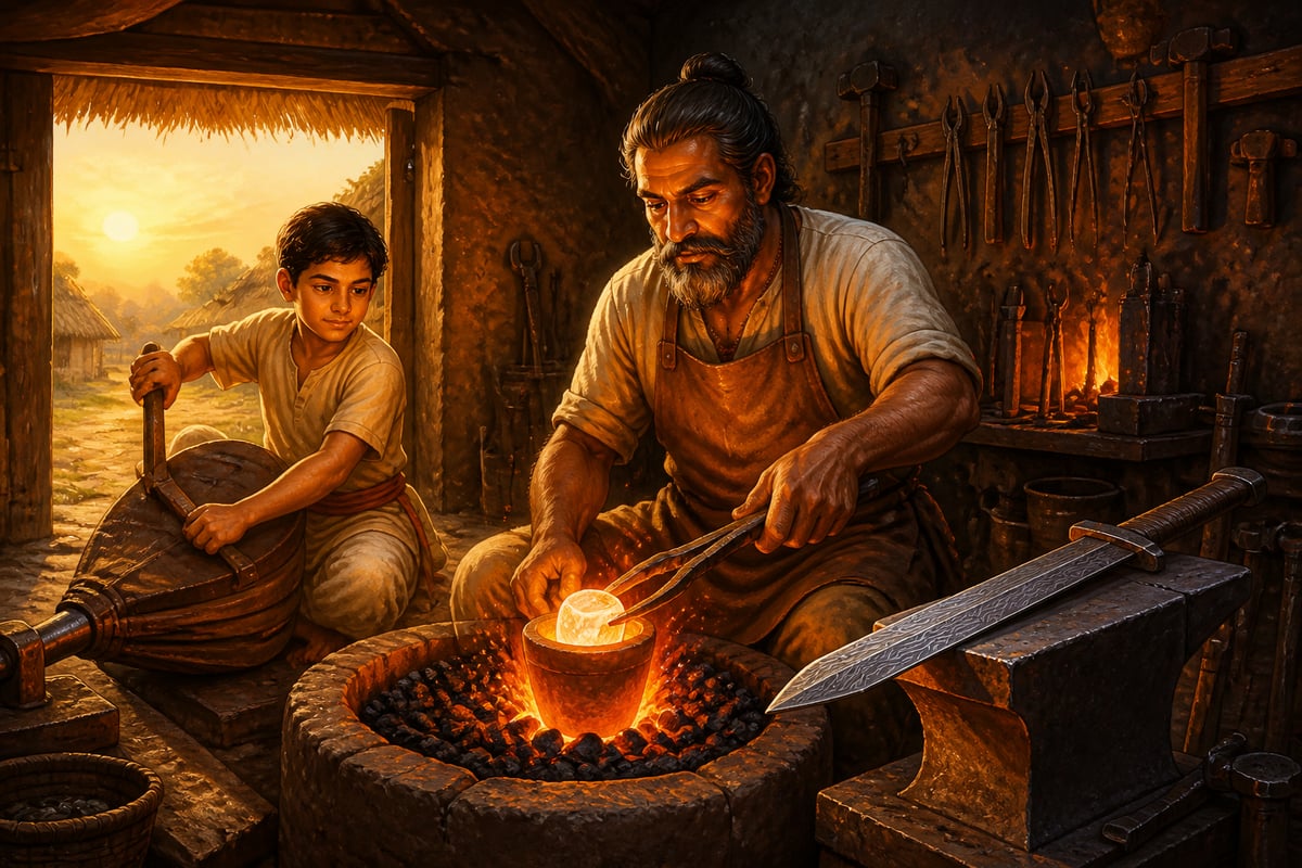 An Indian master smith working a wootz steel crucible at his forge