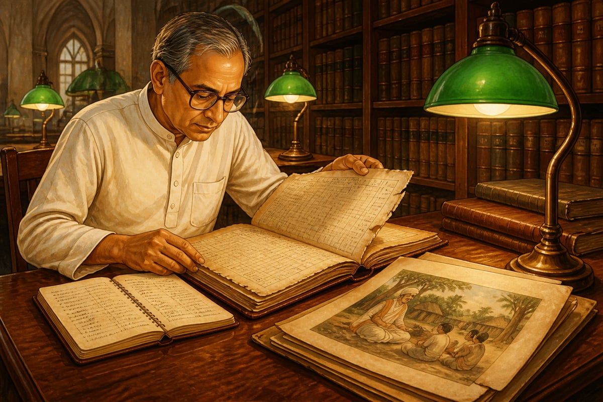 Historian Dharampal recovering village school records in the London archives