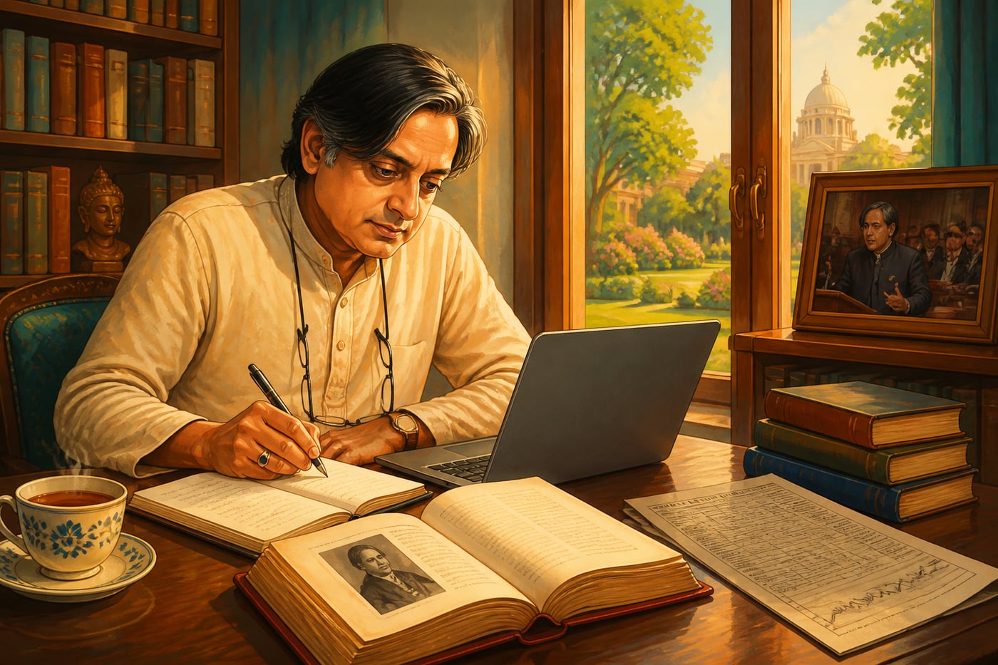 Shashi Tharoor in his Delhi study writing Inglorious Empire