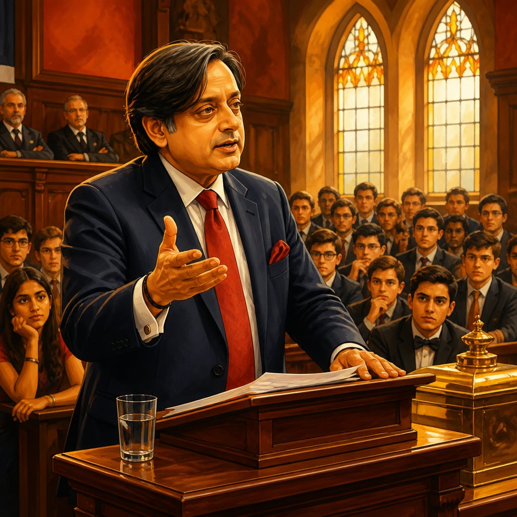 Shashi Tharoor at the Oxford Union lectern in July 2015