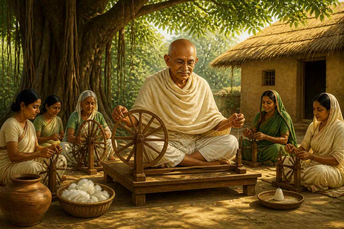 Mahatma Gandhi spinning at a charkha in a village courtyard