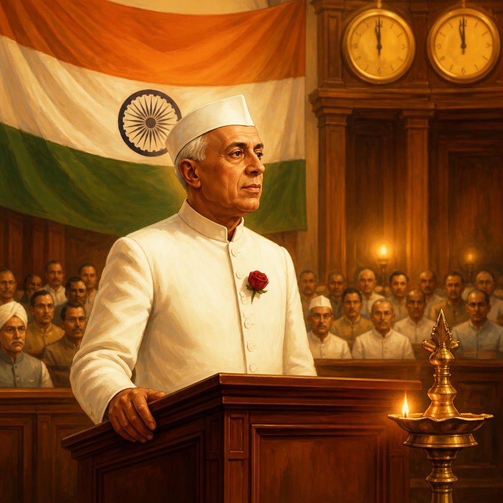 Nehru at the Constituent Assembly podium at midnight August 1947