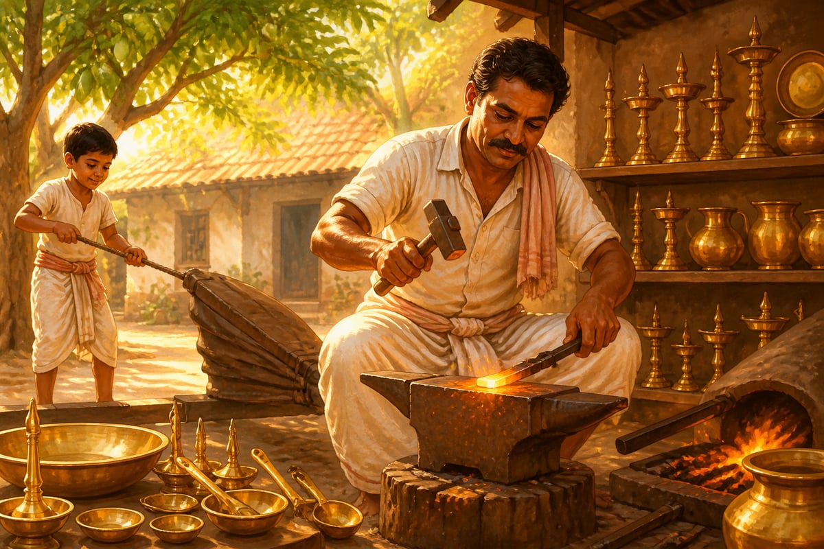 Village artisan hammering brass at his forge in a sunlit courtyard