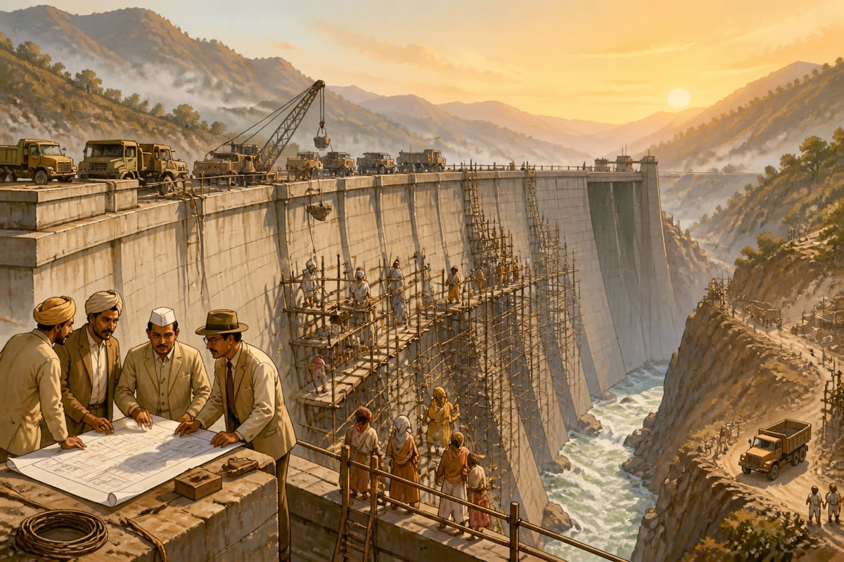 Bhakra-Nangal Dam under construction in the Punjab foothills