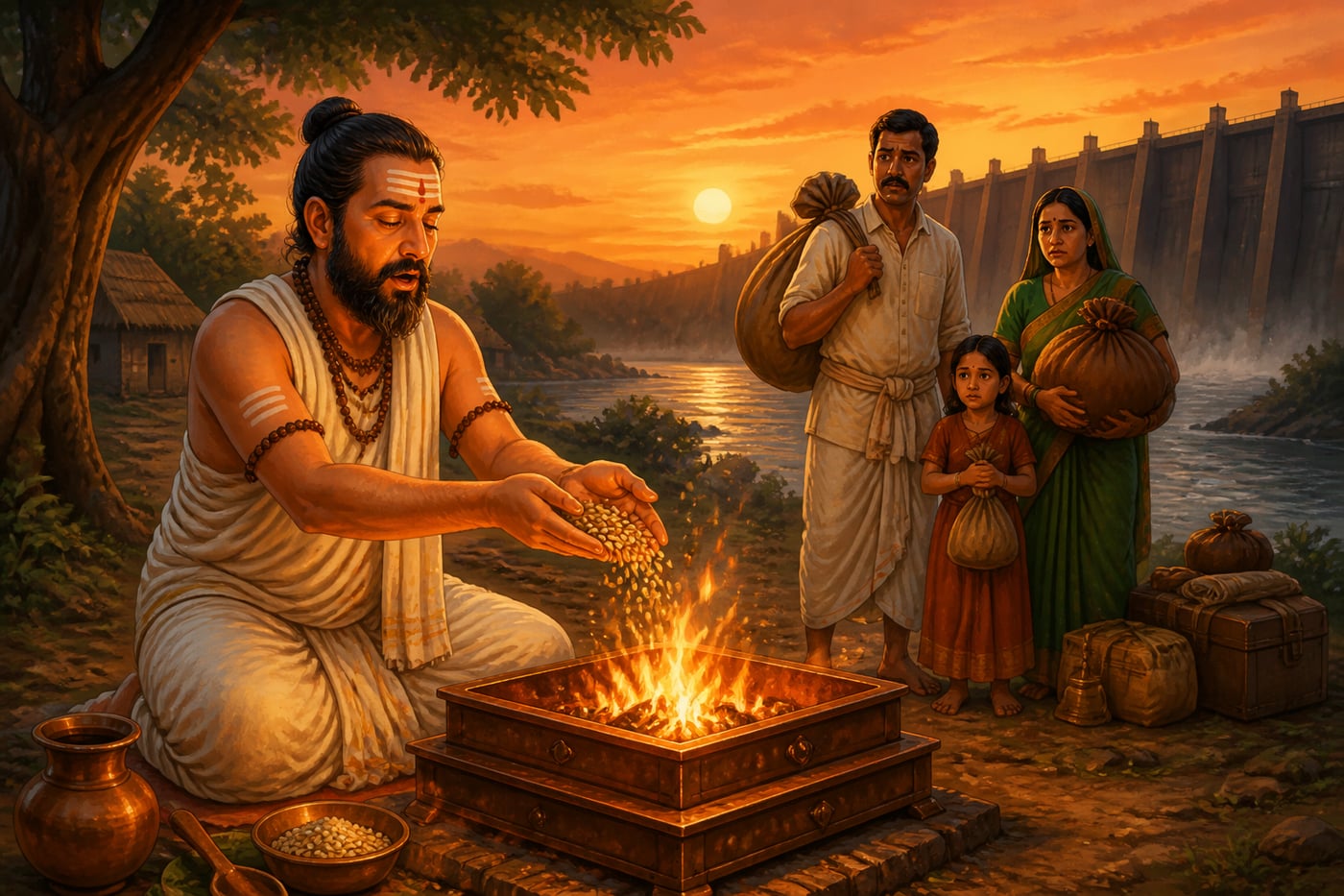 Vedic priest at a havan kund as a displaced family watches