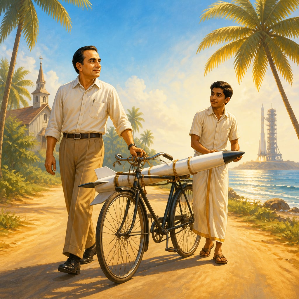 Vikram Sarabhai wheeling a sounding rocket on a bicycle to Thumba