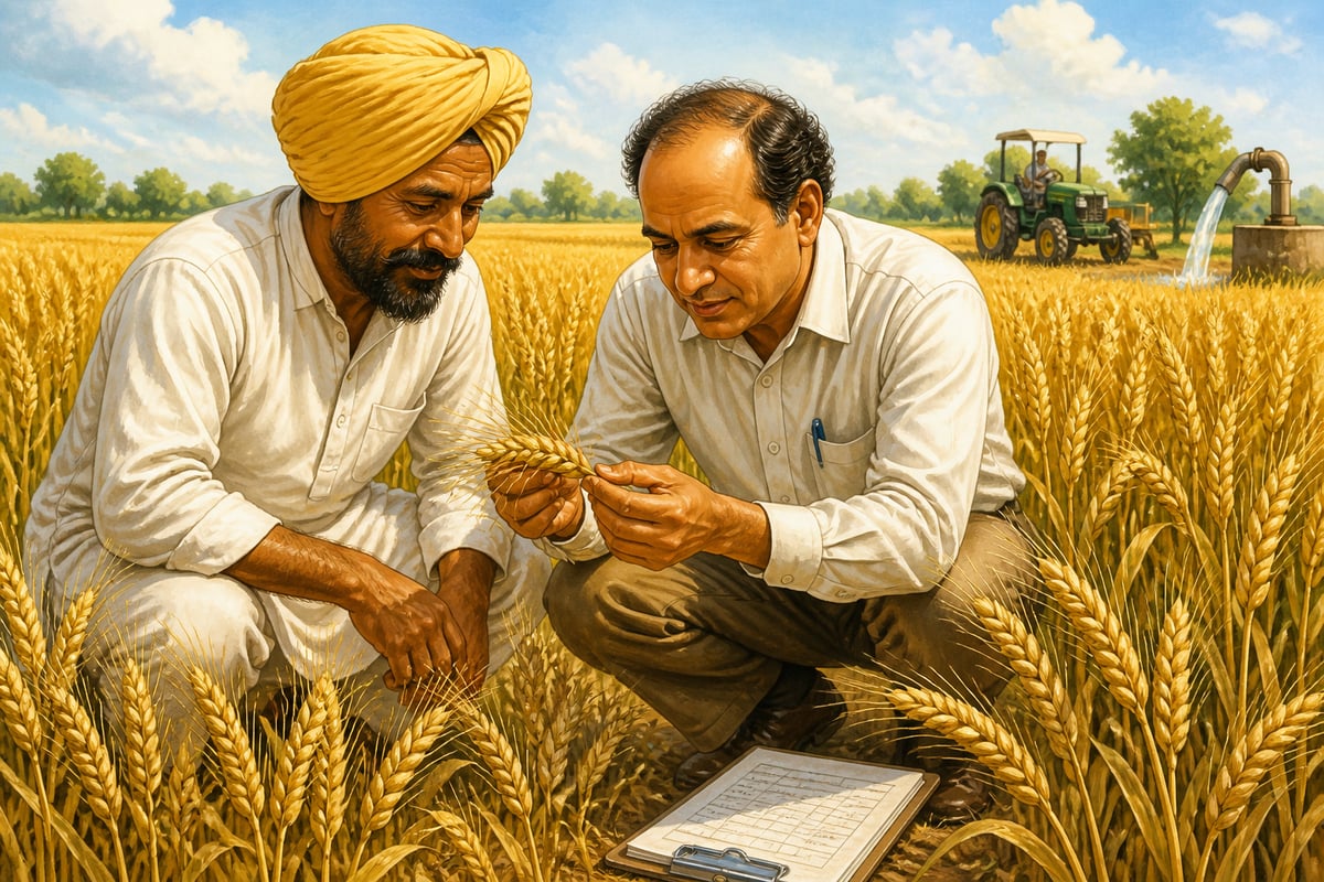 Swaminathan examining dwarf wheat with a Punjabi farmer