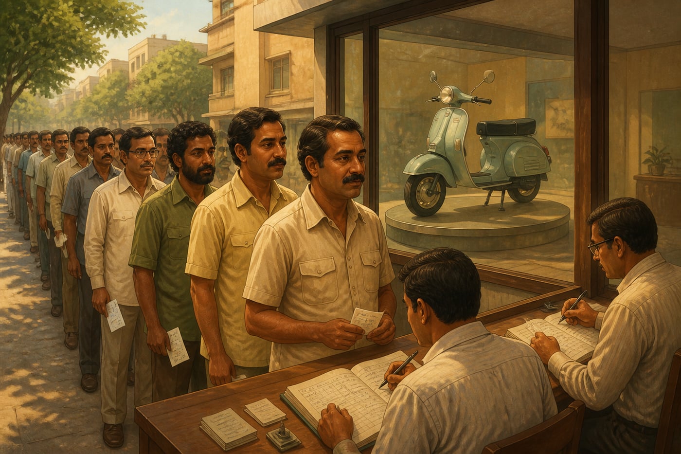Long queue outside a Bajaj scooter showroom in 1985
