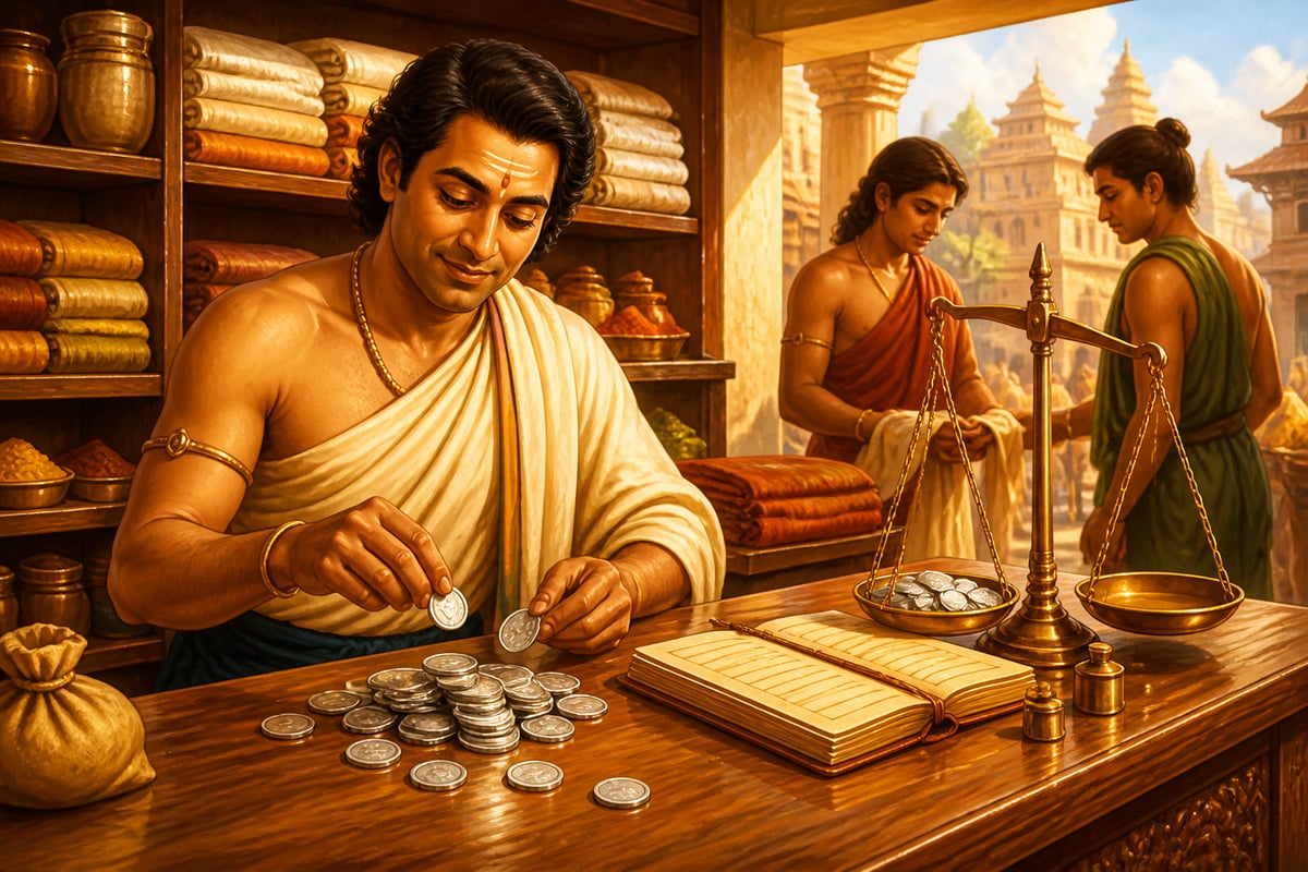 Pataliputra merchant counting silver coins at his shop