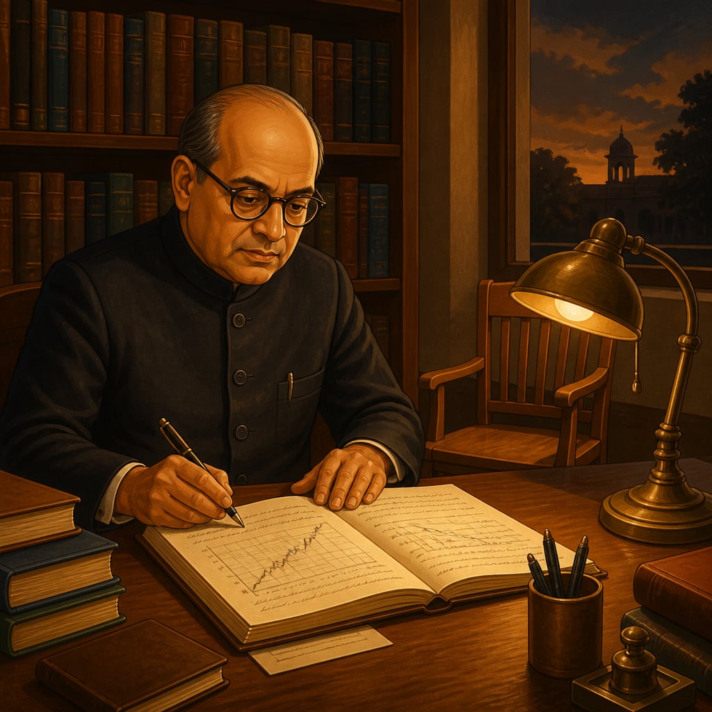 B.R. Shenoy at his desk with his dissenting note open