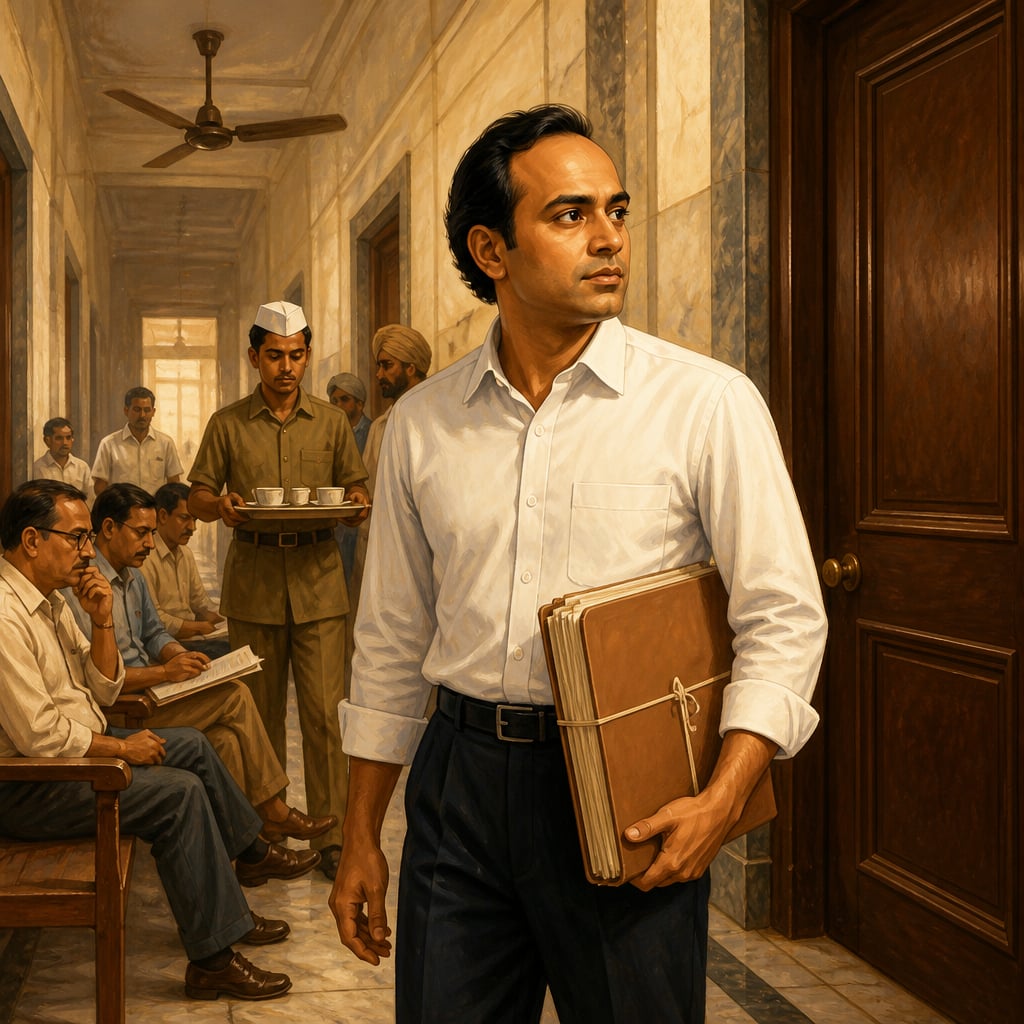 Dhirubhai Ambani in an Udyog Bhavan corridor with license applications