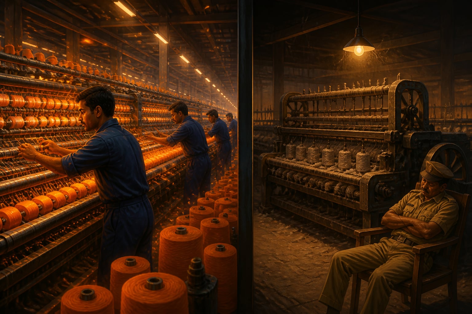 Reliance polyester loom running while Bombay Dyeing sits idle