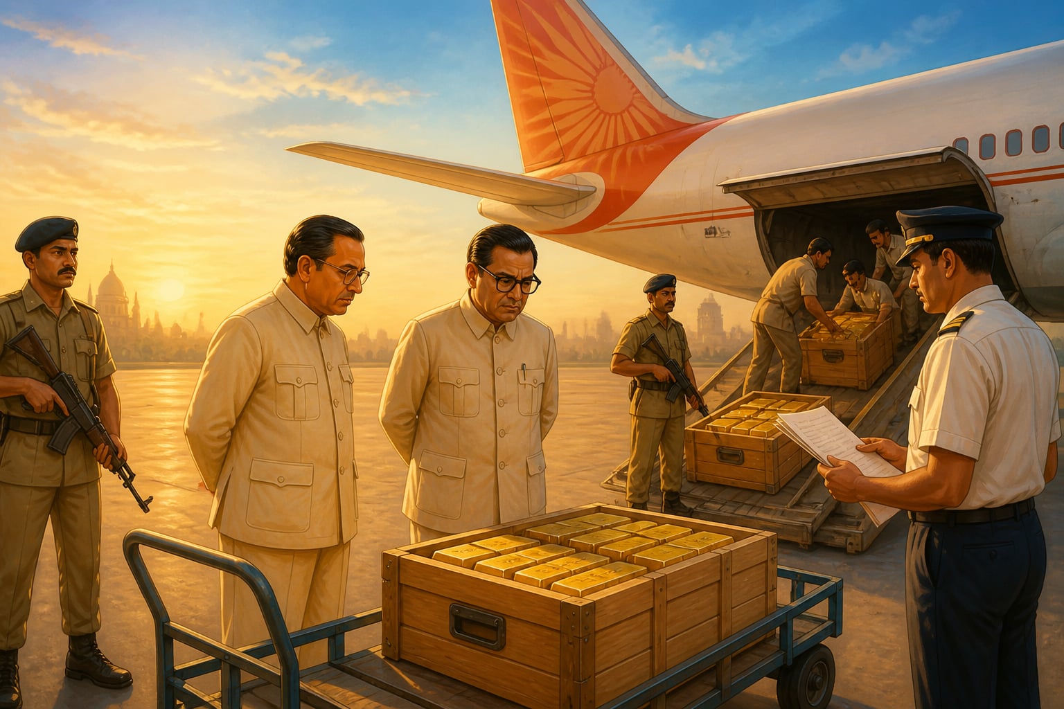 RBI officials loading gold crates onto an Air India plane at dawn