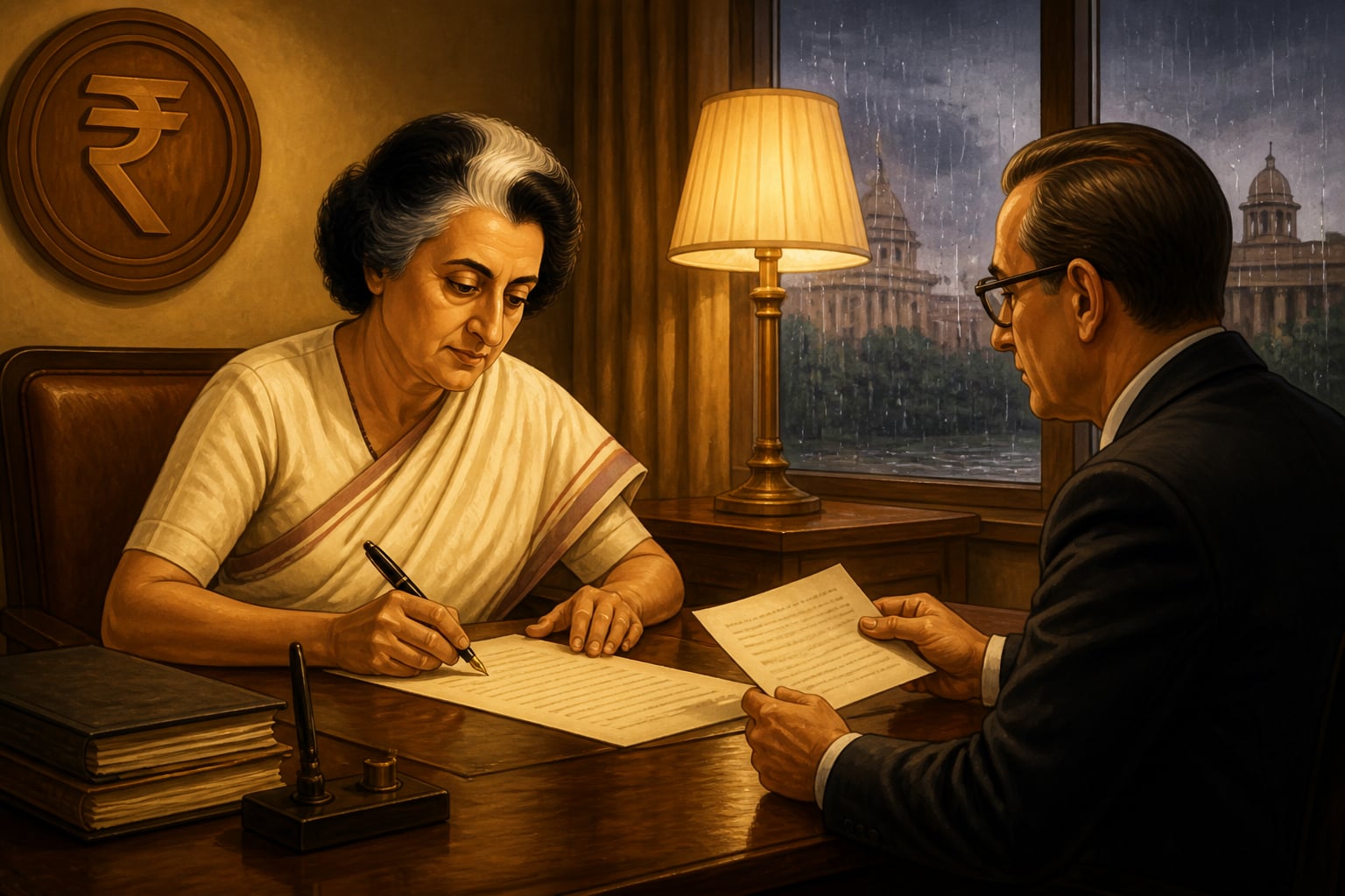 Indira Gandhi signing the 1966 devaluation order