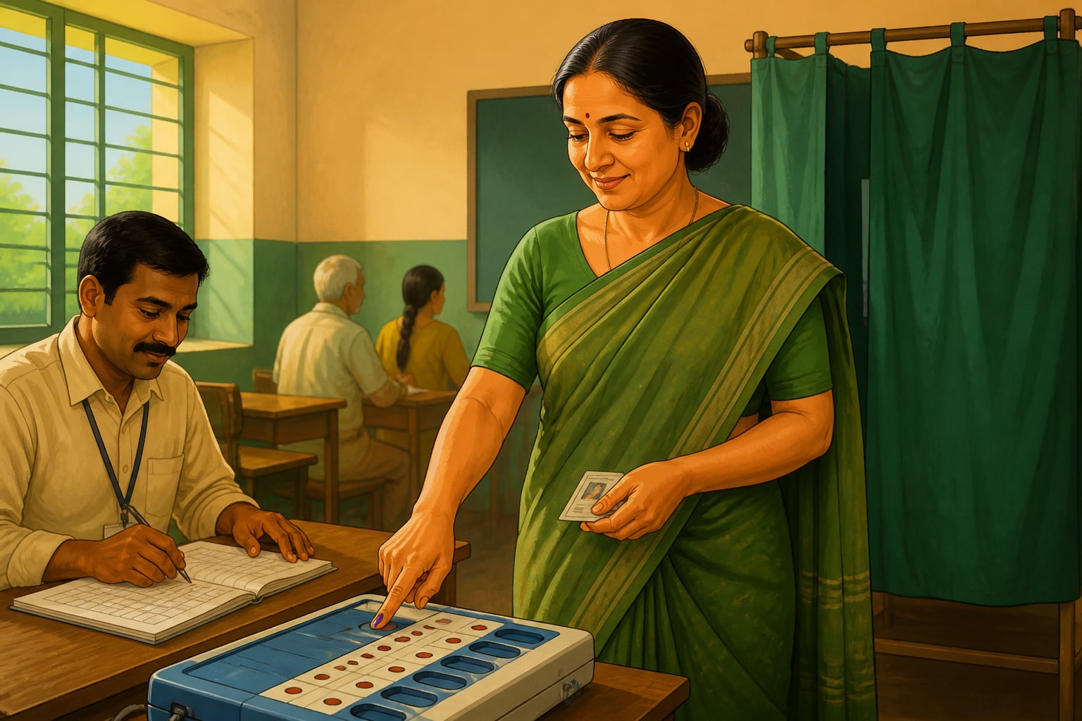 Indian voter pressing the EVM button in a 2024 polling booth