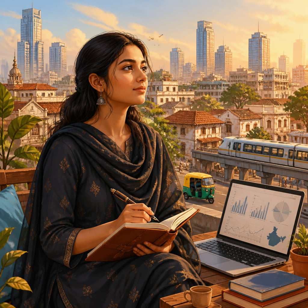 Young woman writing her sankalpa on a Bengaluru rooftop