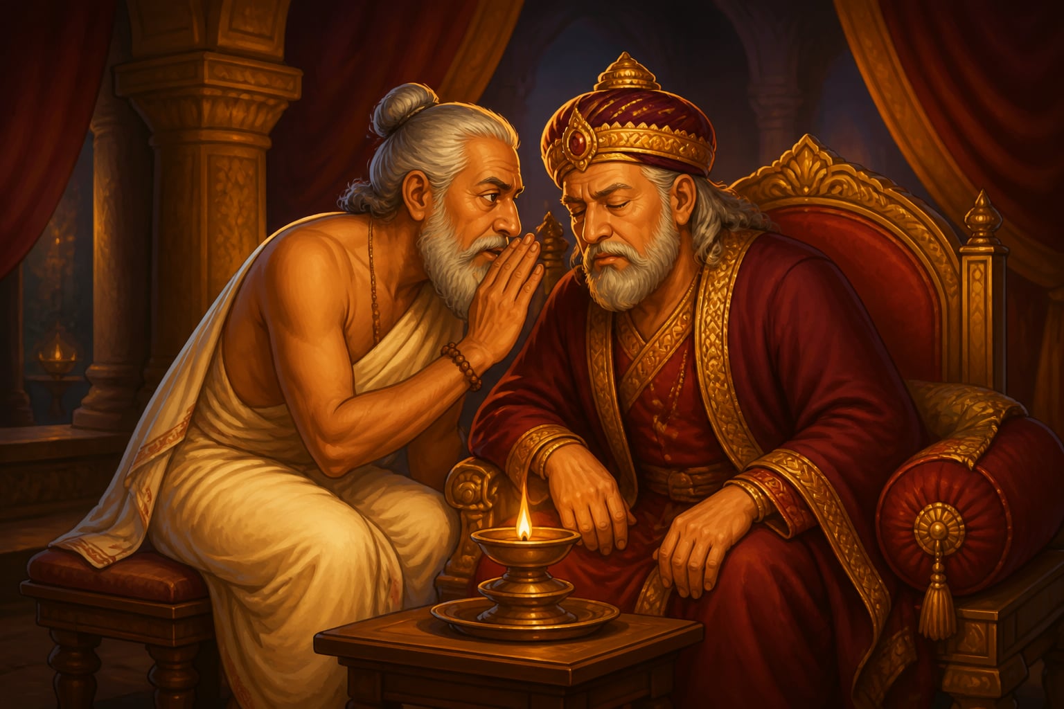 Vidura whispering counsel to King Dhritarashtra